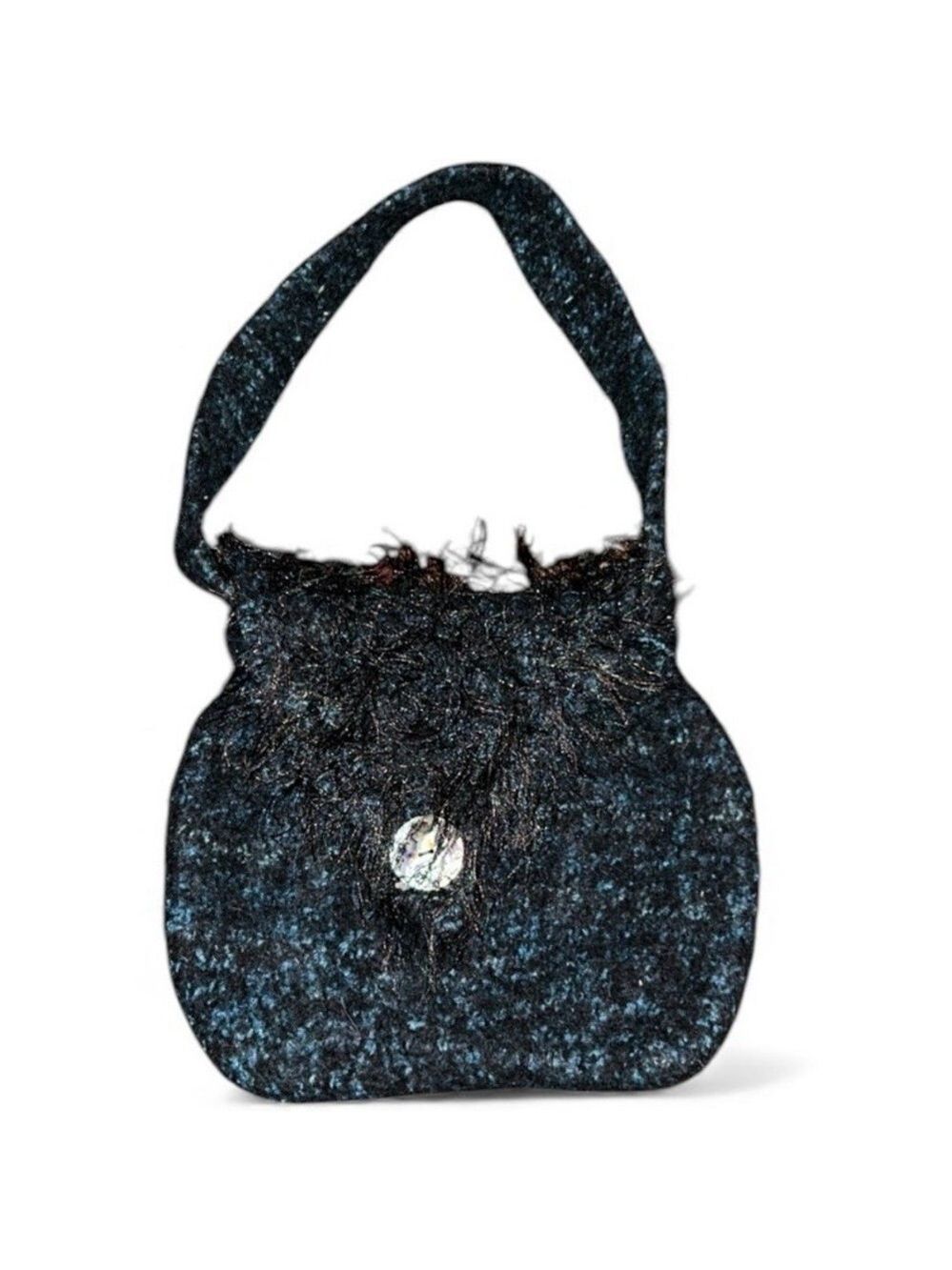 Handmade Boiled Wool Black and Blue Tweed Fuzzy Shoulder Bag Boho Purse